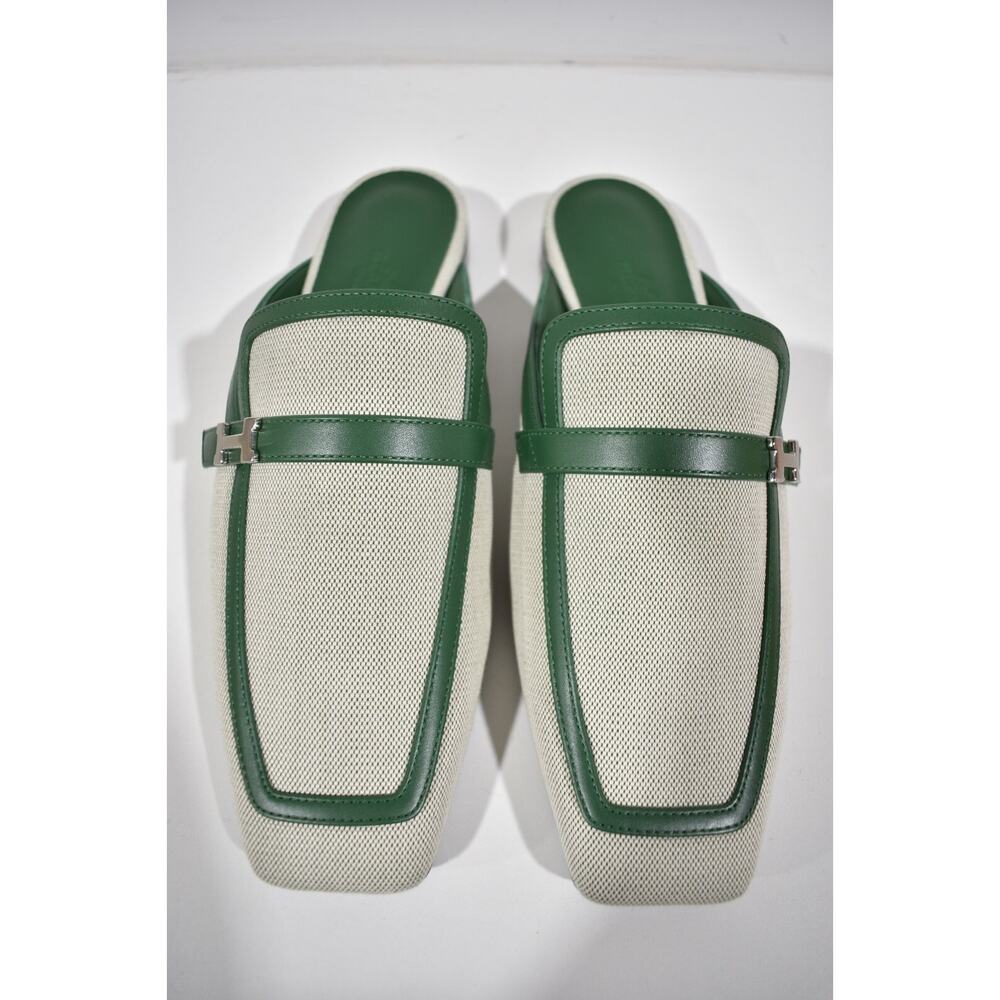 Hermes Groupie Mule Cactus Green Leather Canvas Backless Mule Slide Flat 37 - Picture 7 of 12